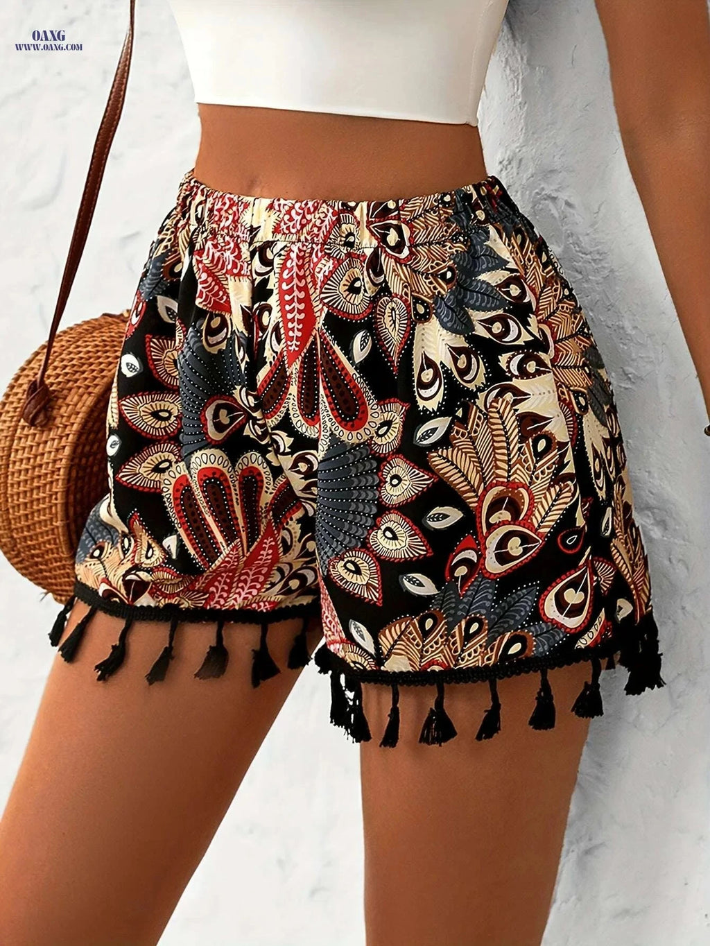 Chic High-Waisted Paisley Print Tassel Shorts - Elegant Casual Style   OAXG 