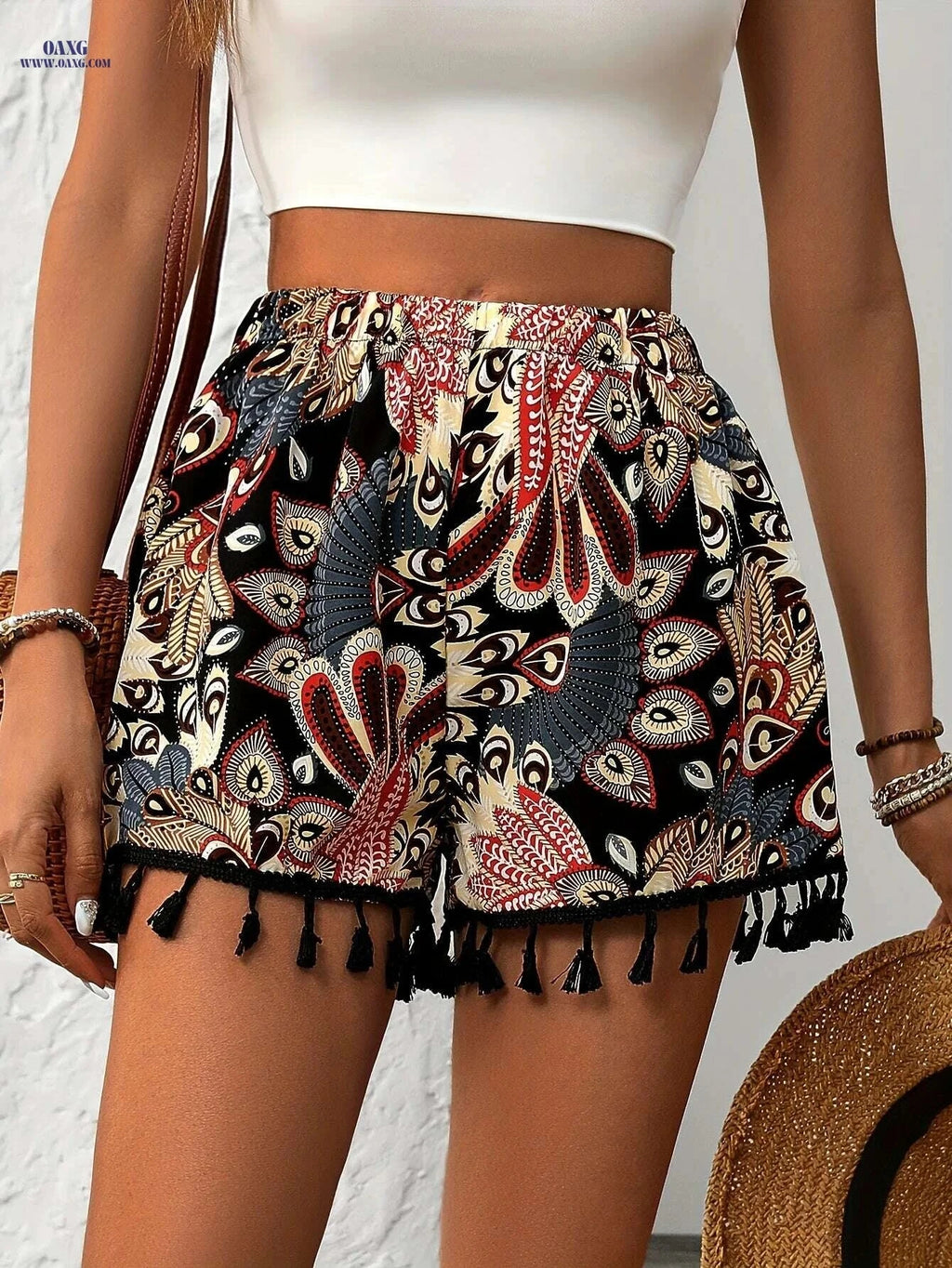 Chic High-Waisted Paisley Print Tassel Shorts - Elegant Casual Style   OAXG 