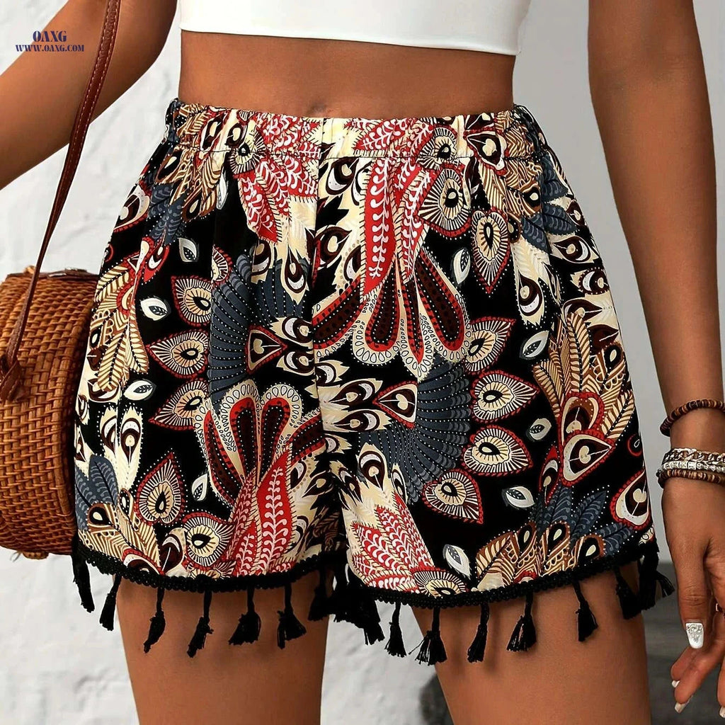 Chic High-Waisted Paisley Print Tassel Shorts - Elegant Casual Style   OAXG 
