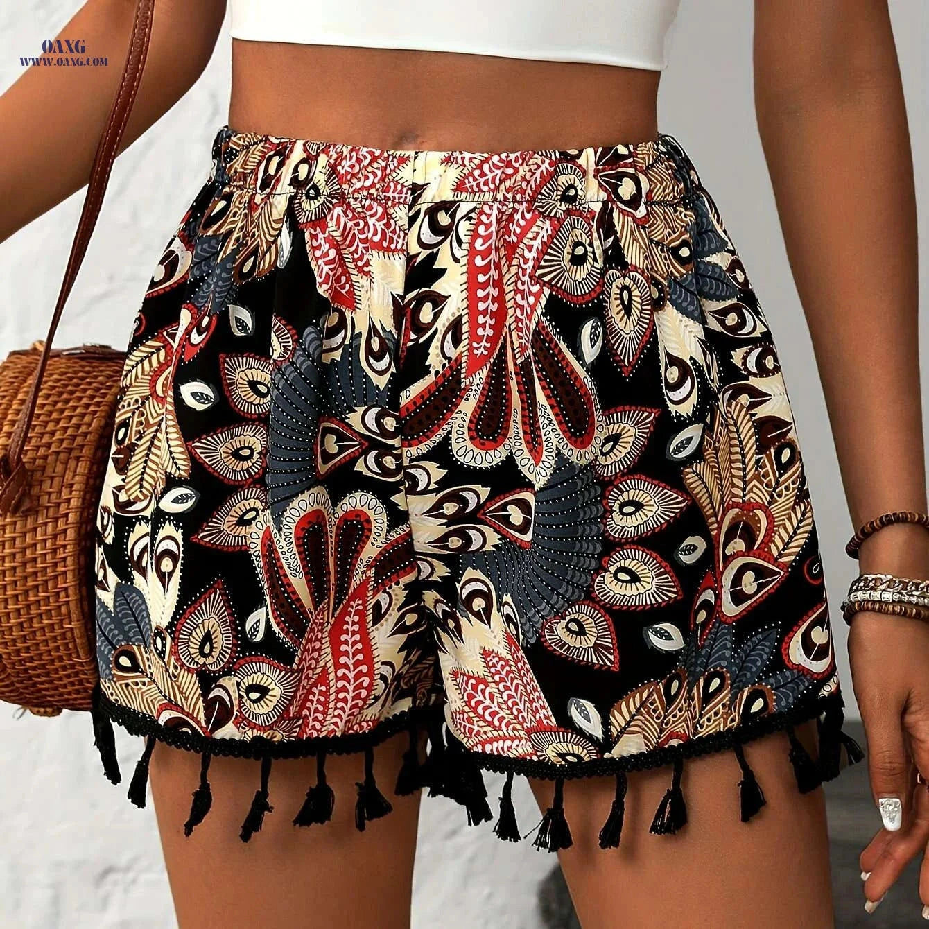 Chic High-Waisted Paisley Print Tassel Shorts - Elegant Casual Style   OAXG 