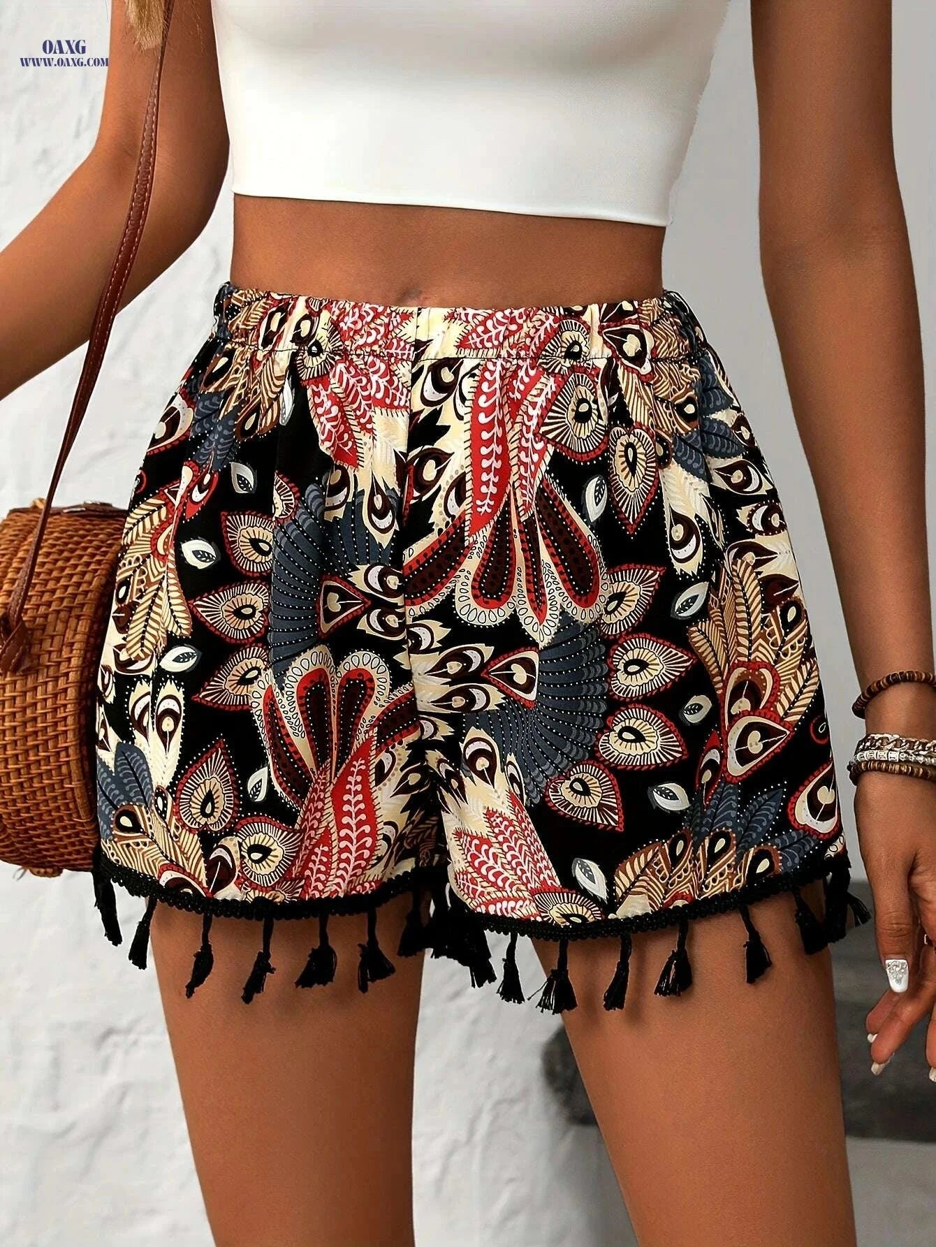 Chic High-Waisted Paisley Print Tassel Shorts - Elegant Casual Style   OAXG 