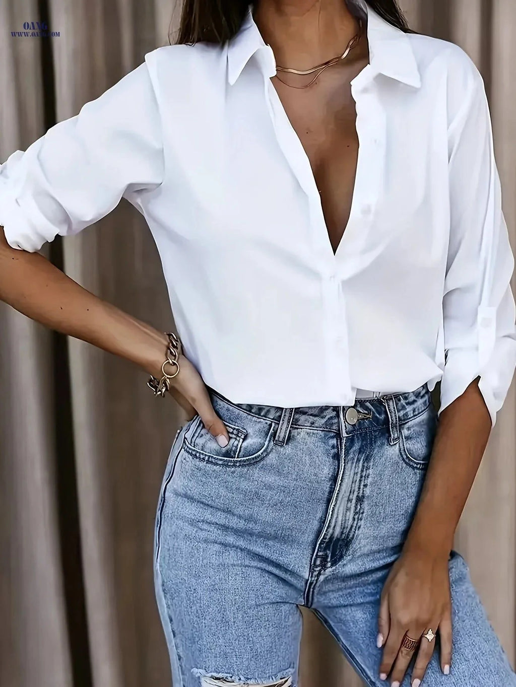 Chic Long-Sleeve Blouse for Women - Elegant Collar, Semi-Sheer Style   OAXG White / S