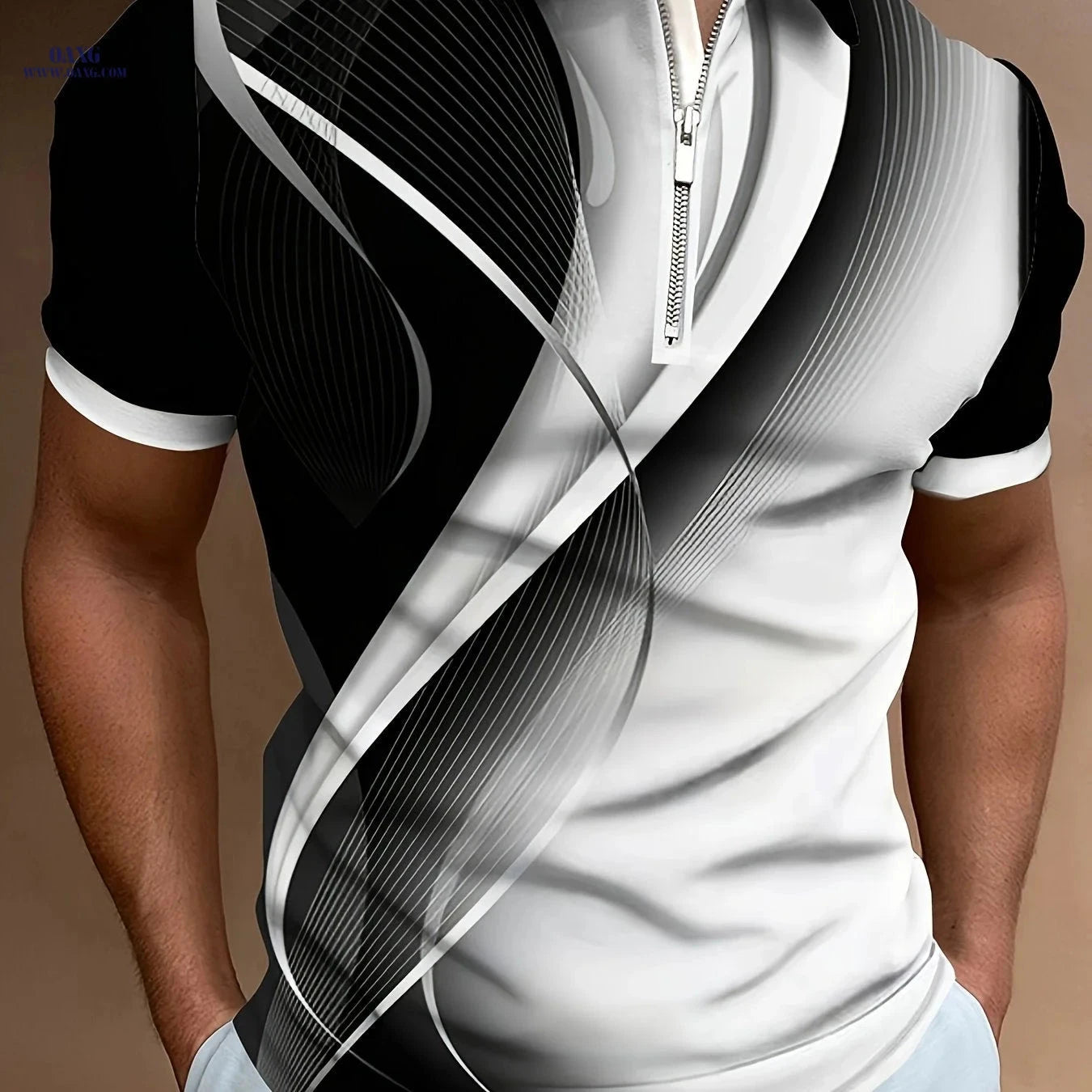 Chic Men's 3D Digital Print Short Sleeve Shirt - Zipper Lapel Style   OAXG 