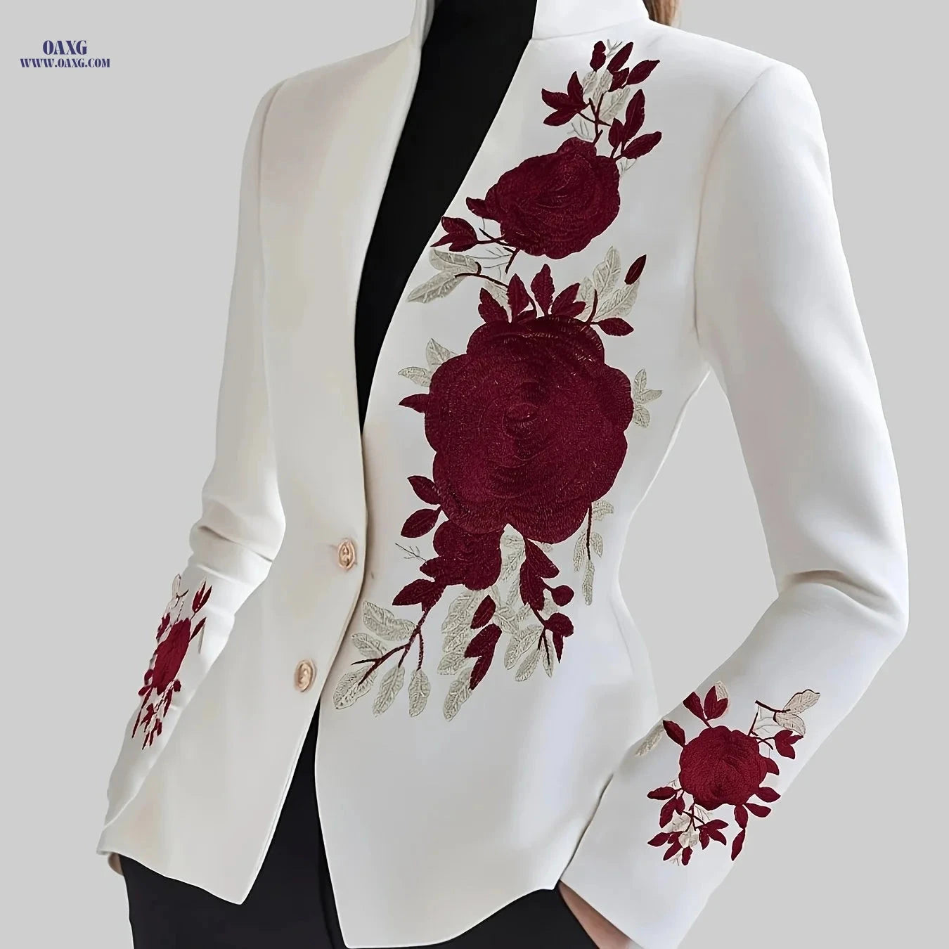 Chic Single-Breasted Blazer with Red Rose Embroidery - Fashion Layer   OAXG Mixed Color / S