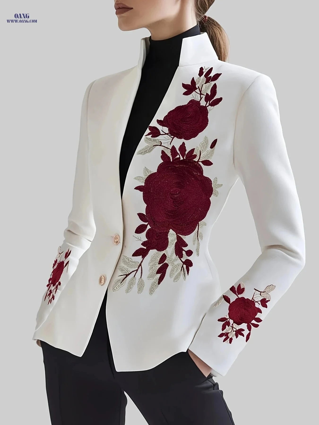 Chic Single-Breasted Blazer with Red Rose Embroidery - Fashion Layer   OAXG 