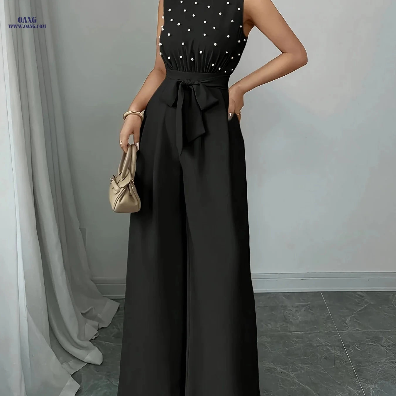 Chic Sleeveless High-Neck Jumpsuit - Wide-Leg Design for Summer   OAXG 