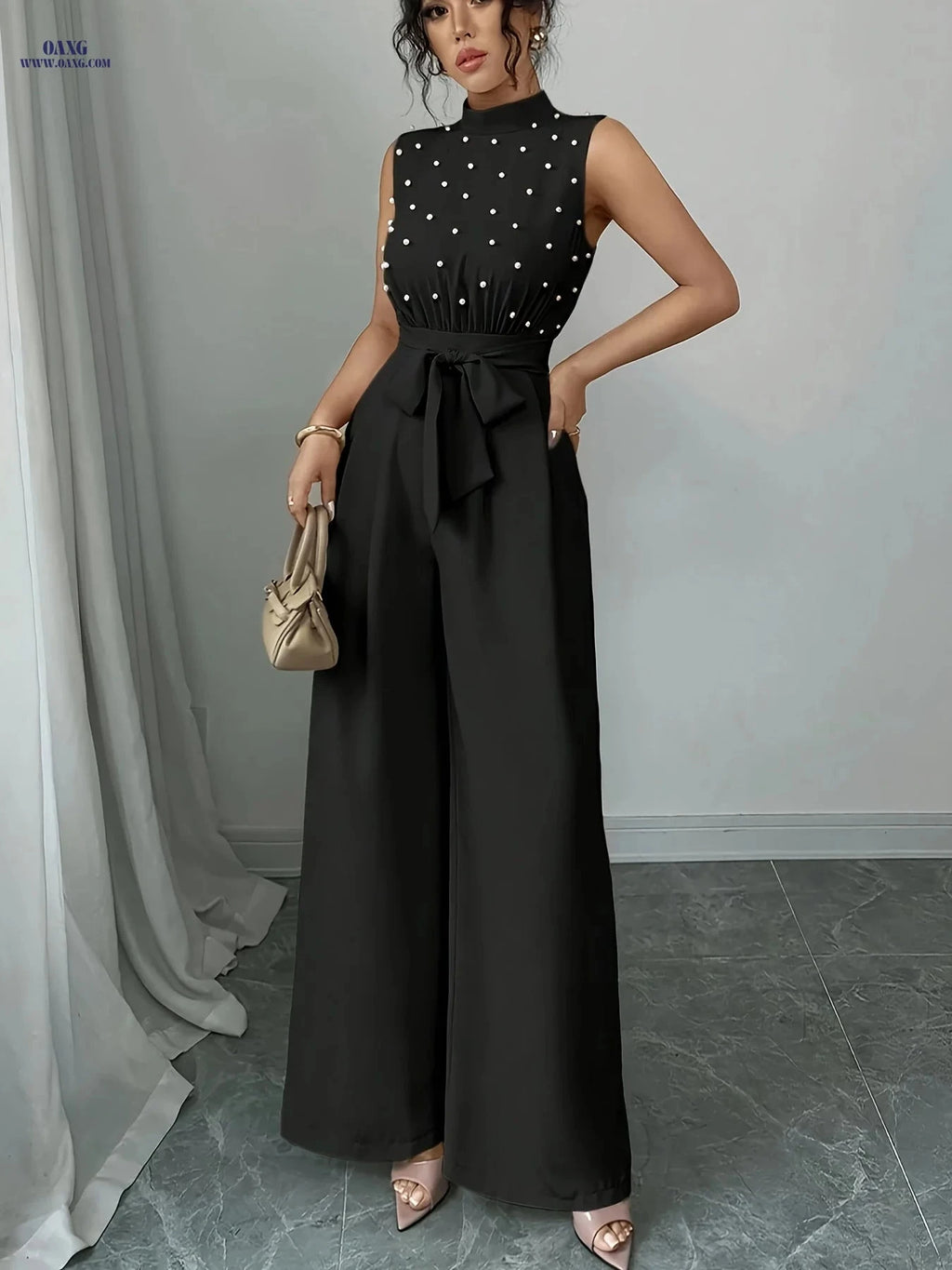 Chic Sleeveless High-Neck Jumpsuit - Wide-Leg Design for Summer   OAXG 