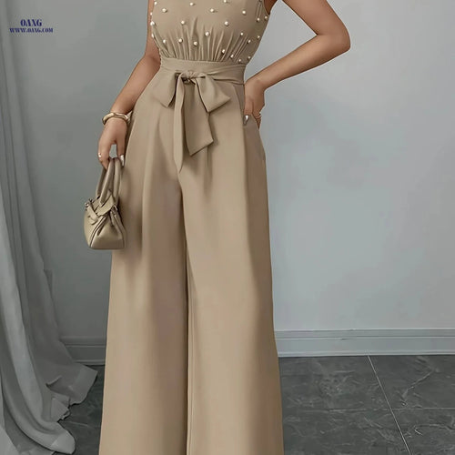Chic Sleeveless High-Neck Jumpsuit - Wide-Leg Design for Summer   OAXG Khaki / XS