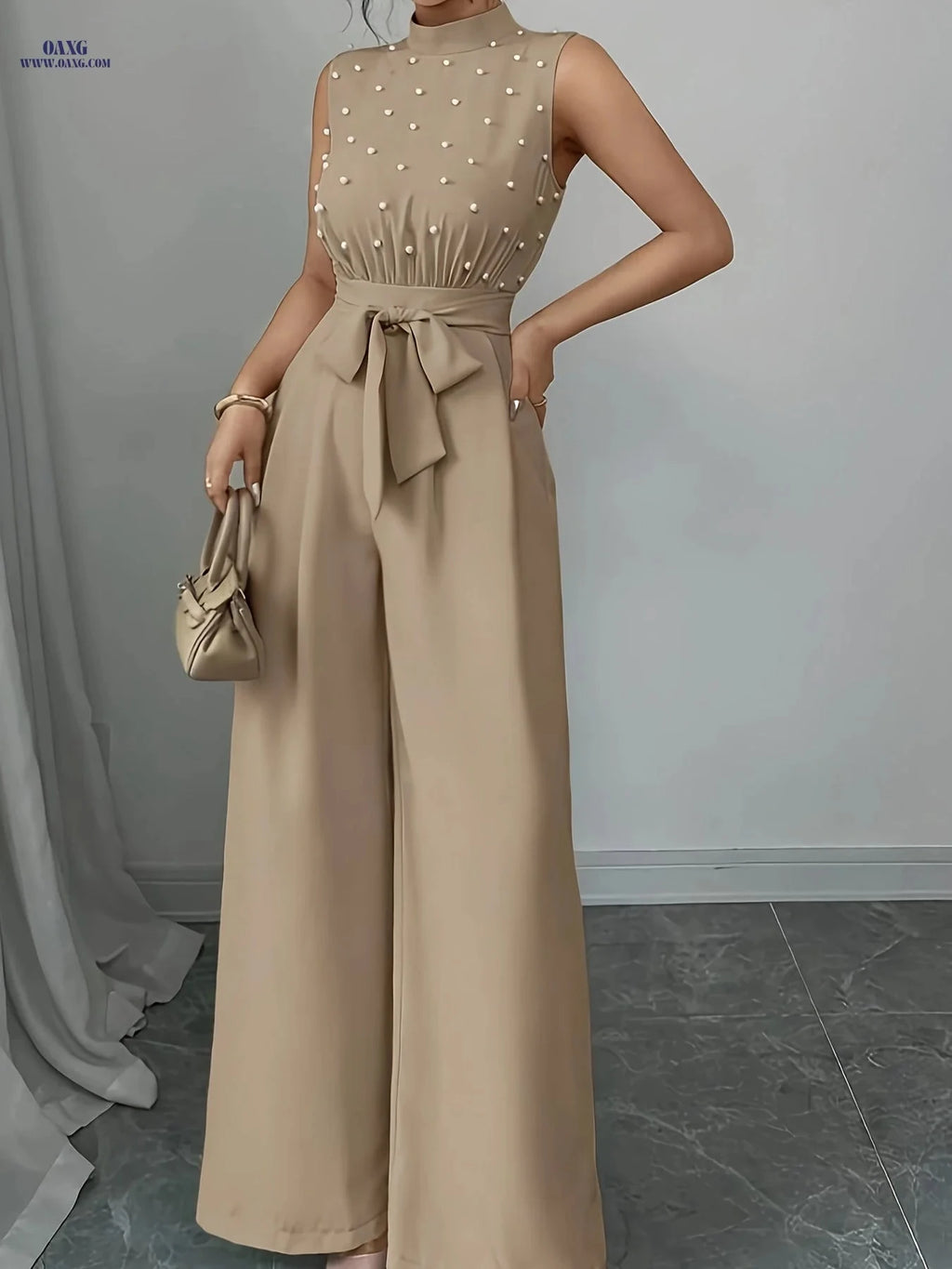 Chic Sleeveless High-Neck Jumpsuit - Wide-Leg Design for Summer   OAXG Khaki / XS