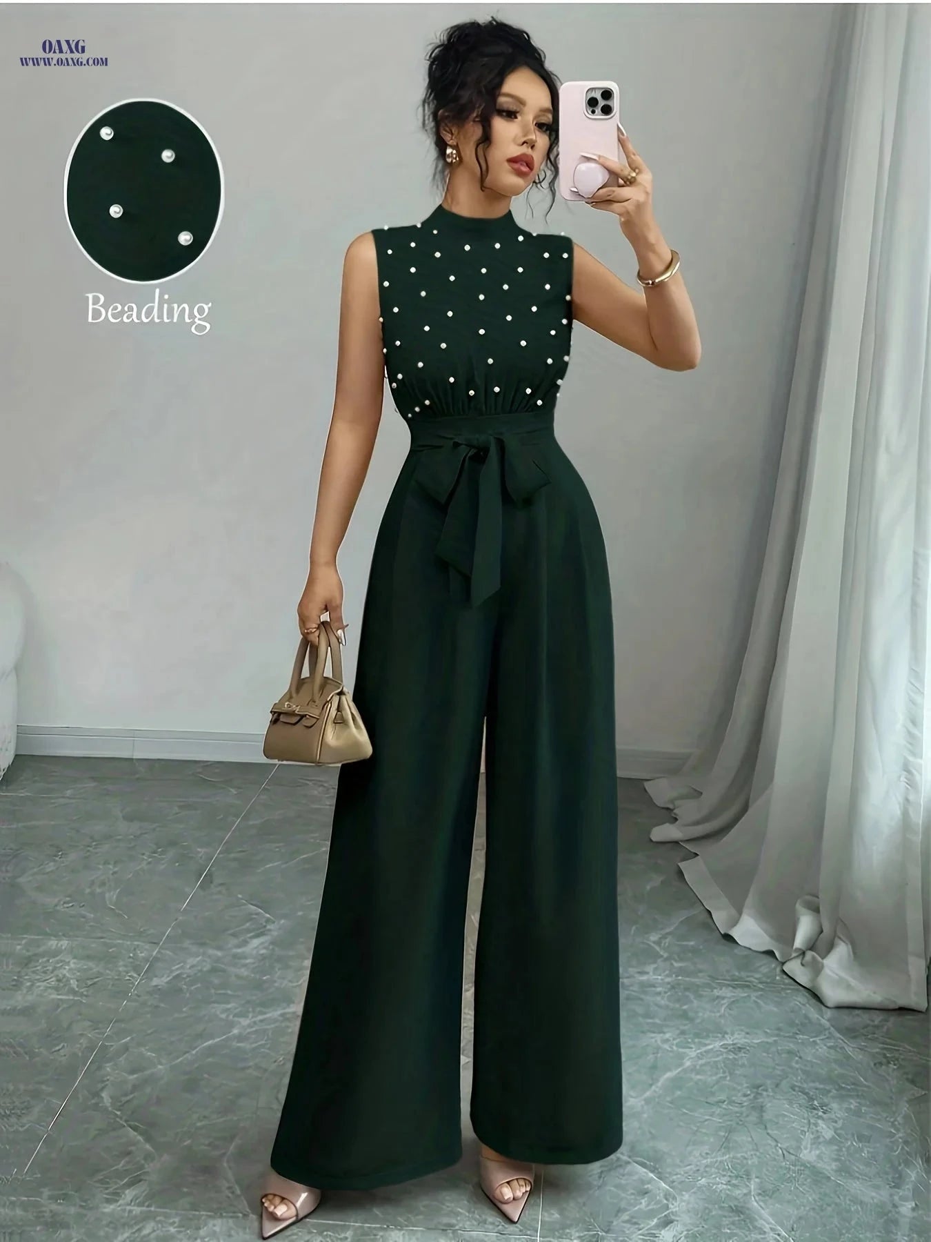 Chic Sleeveless High-Neck Jumpsuit - Wide-Leg Design for Summer   OAXG Khaki / XS