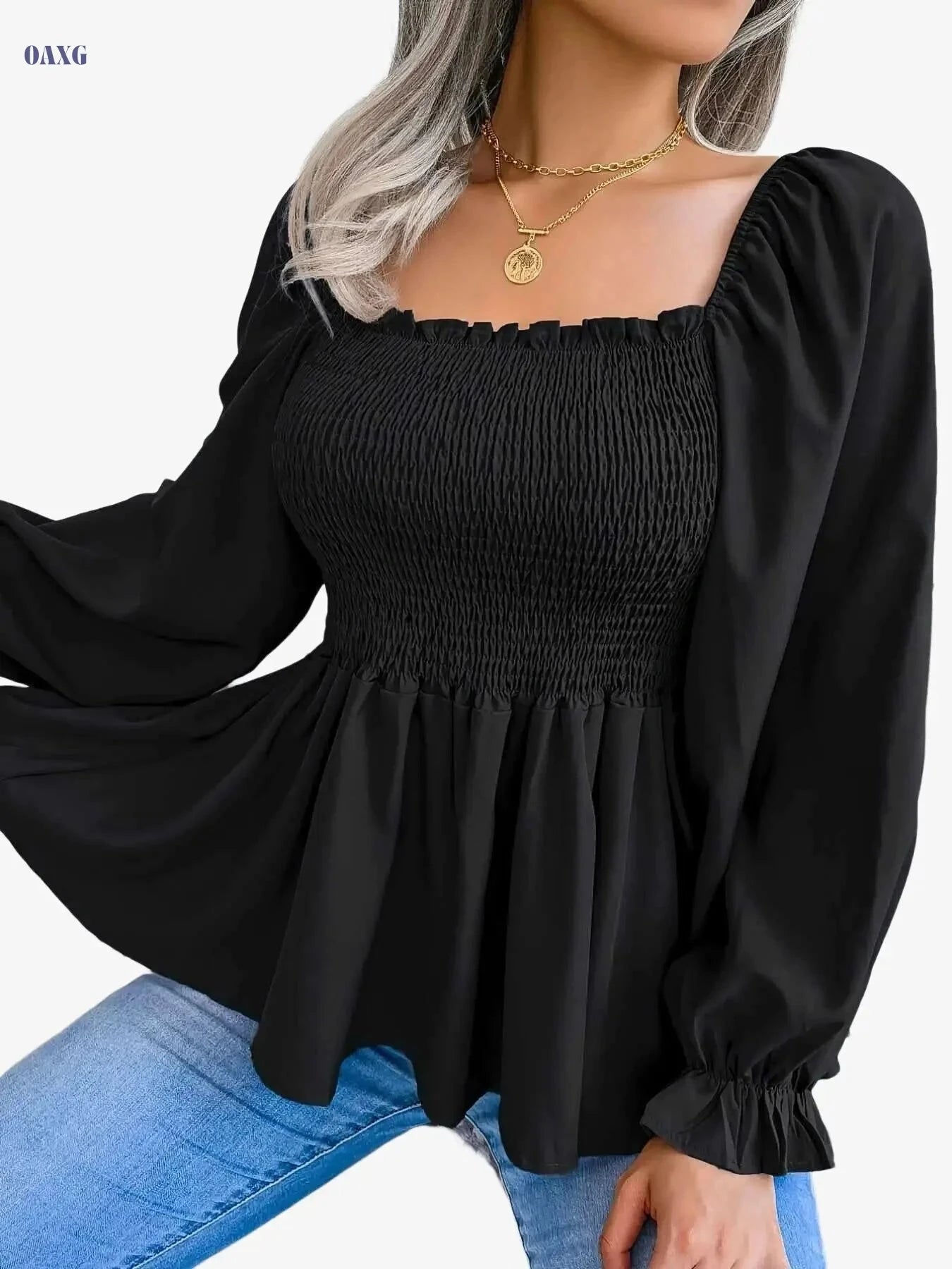 Chic Soft Chiffon Blouse - Square Neck, Flutter Sleeves, Ruffled Hem   OAXG crimson / S