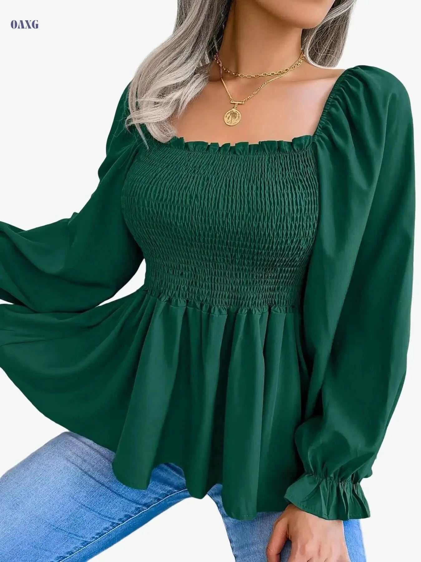 Chic Soft Chiffon Blouse - Square Neck, Flutter Sleeves, Ruffled Hem   OAXG 