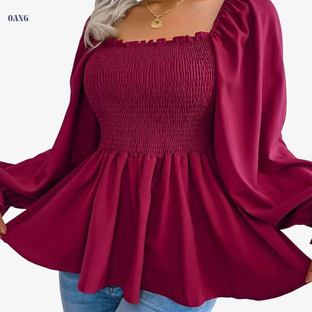 Chic Soft Chiffon Blouse - Square Neck, Flutter Sleeves, Ruffled Hem   OAXG 