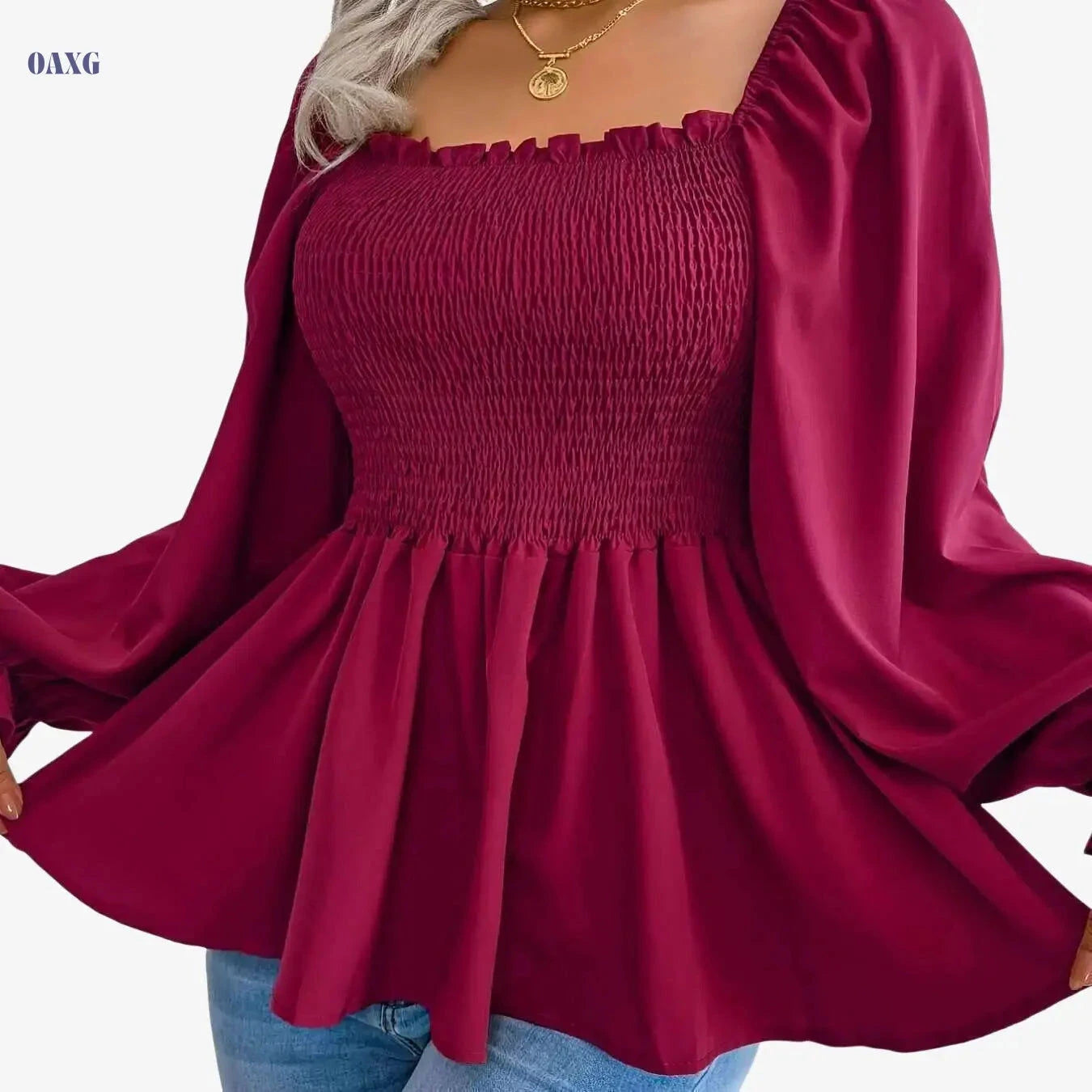 Chic Soft Chiffon Blouse - Square Neck, Flutter Sleeves, Ruffled Hem   OAXG 