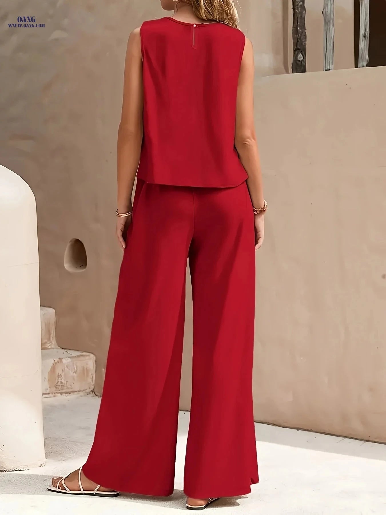Chic Solid Color Sleeveless Top and Loose Straight-Leg Pants Set   OAXG 