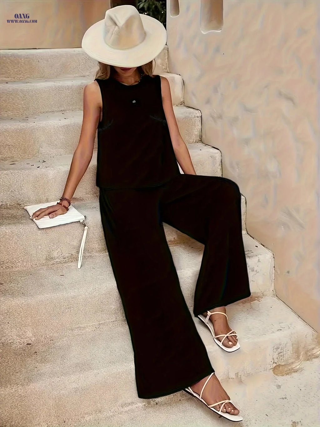 Chic Solid Color Sleeveless Top and Loose Straight-Leg Pants Set   OAXG Black / S