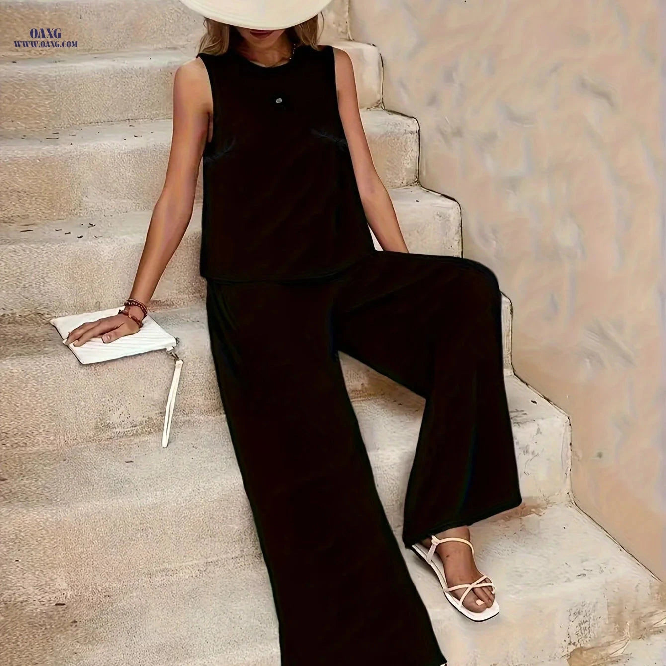 Chic Solid Color Sleeveless Top and Loose Straight-Leg Pants Set   OAXG 