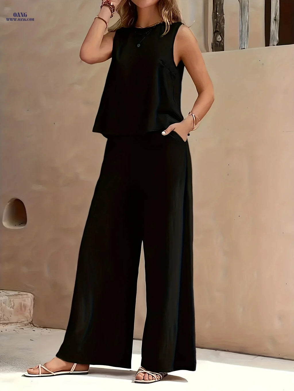 Chic Solid Color Sleeveless Top and Loose Straight-Leg Pants Set   OAXG 