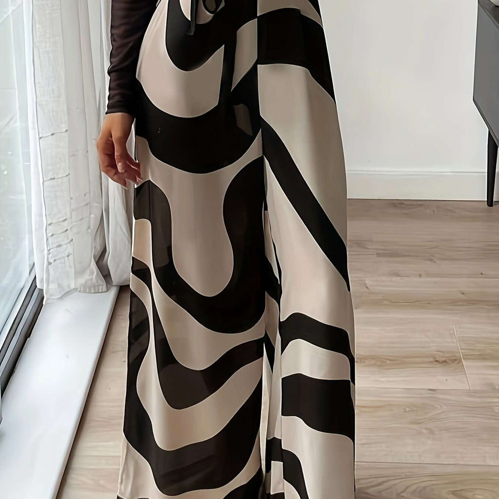 Chic Wide Leg Pants - Black and White Abstract Print for Casual Style   OAXG 