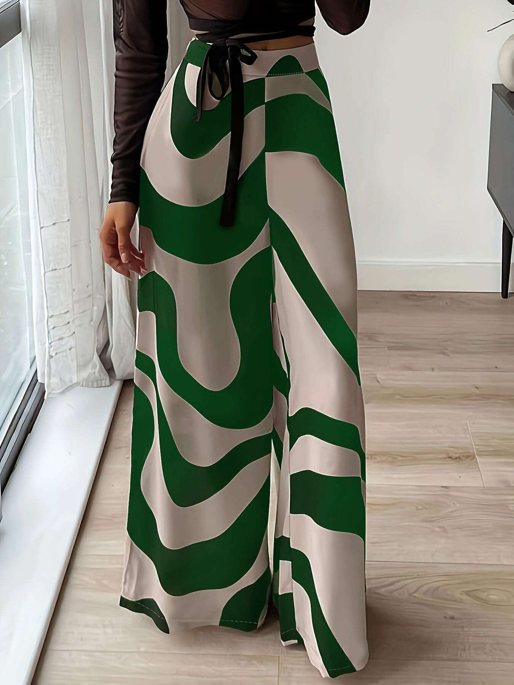Chic Wide Leg Pants - Black and White Abstract Print for Casual Style   OAXG Multicolor / S