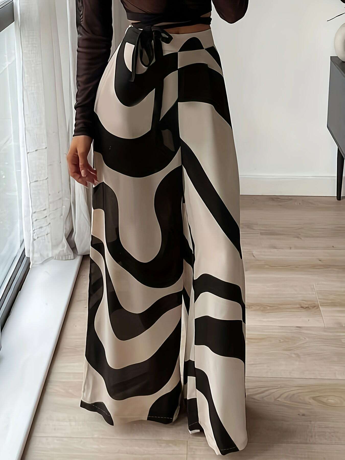 Chic Wide Leg Pants - Black and White Abstract Print for Casual Style   OAXG Multicolor / S