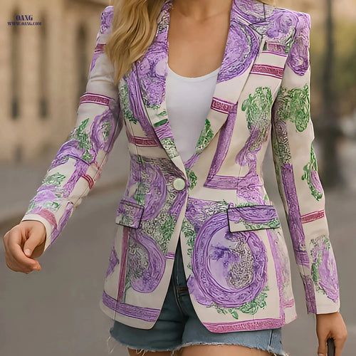 Chic Women's Blazer Jacket - Ethnic Print & Waist-Cinching Fit   OAXG Lavender / S