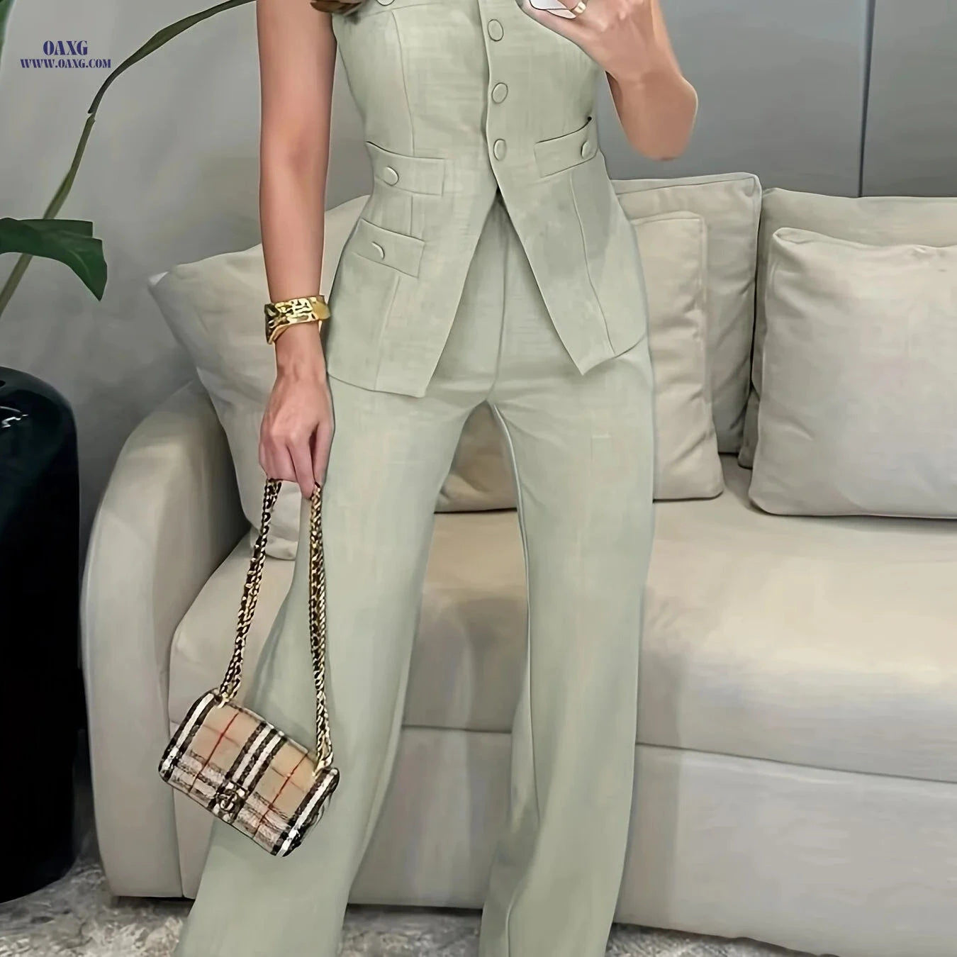 Chic Women's Sleeveless Vest and Suit Pants Set - Elegant Party Outfit   OAXG Matcha Color / S
