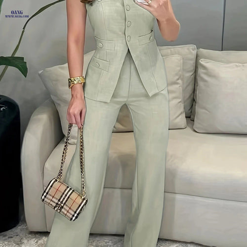 Chic Women's Sleeveless Vest and Suit Pants Set - Elegant Party Outfit   OAXG Matcha Color / S