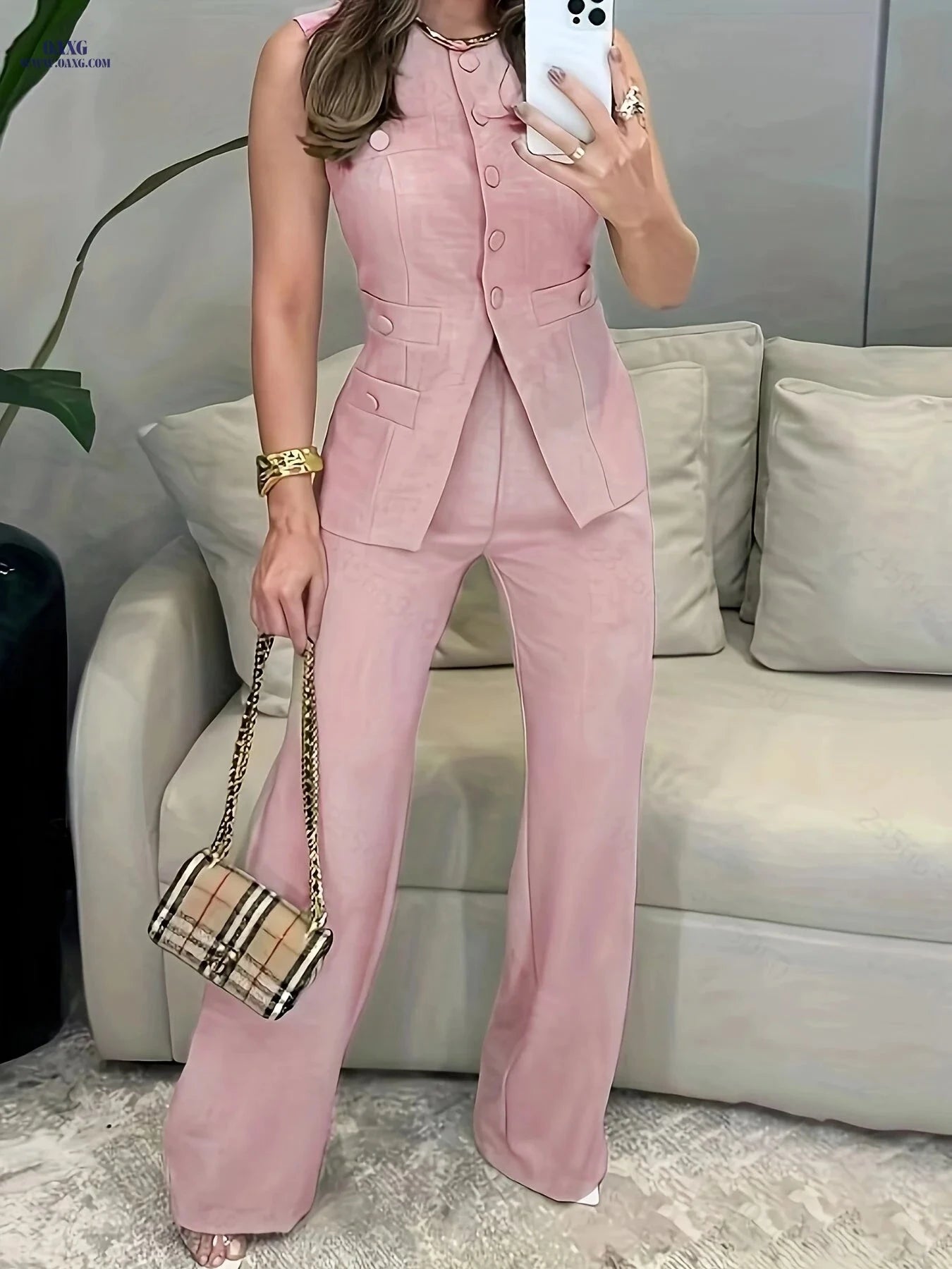 Chic Women's Sleeveless Vest and Suit Pants Set - Elegant Party Outfit   OAXG Matcha Color / S