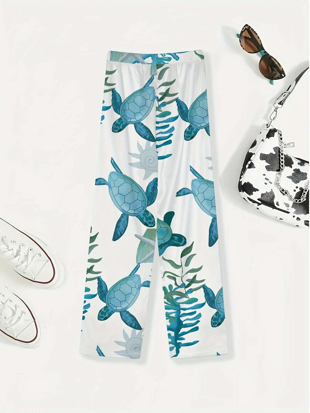 Chic Women's Spring Casual Pants - Turtle Print, Slant Pockets   OAXG 