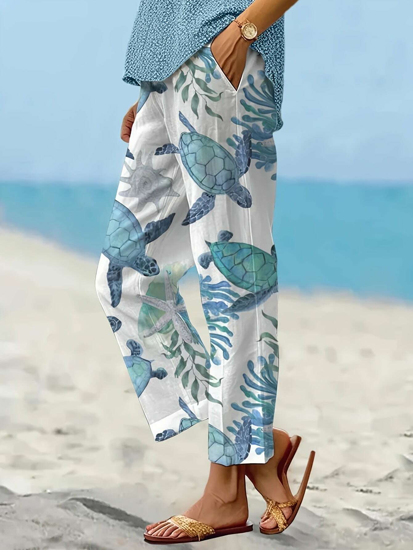 Chic Women's Spring Casual Pants - Turtle Print, Slant Pockets   OAXG Mixed Color / S