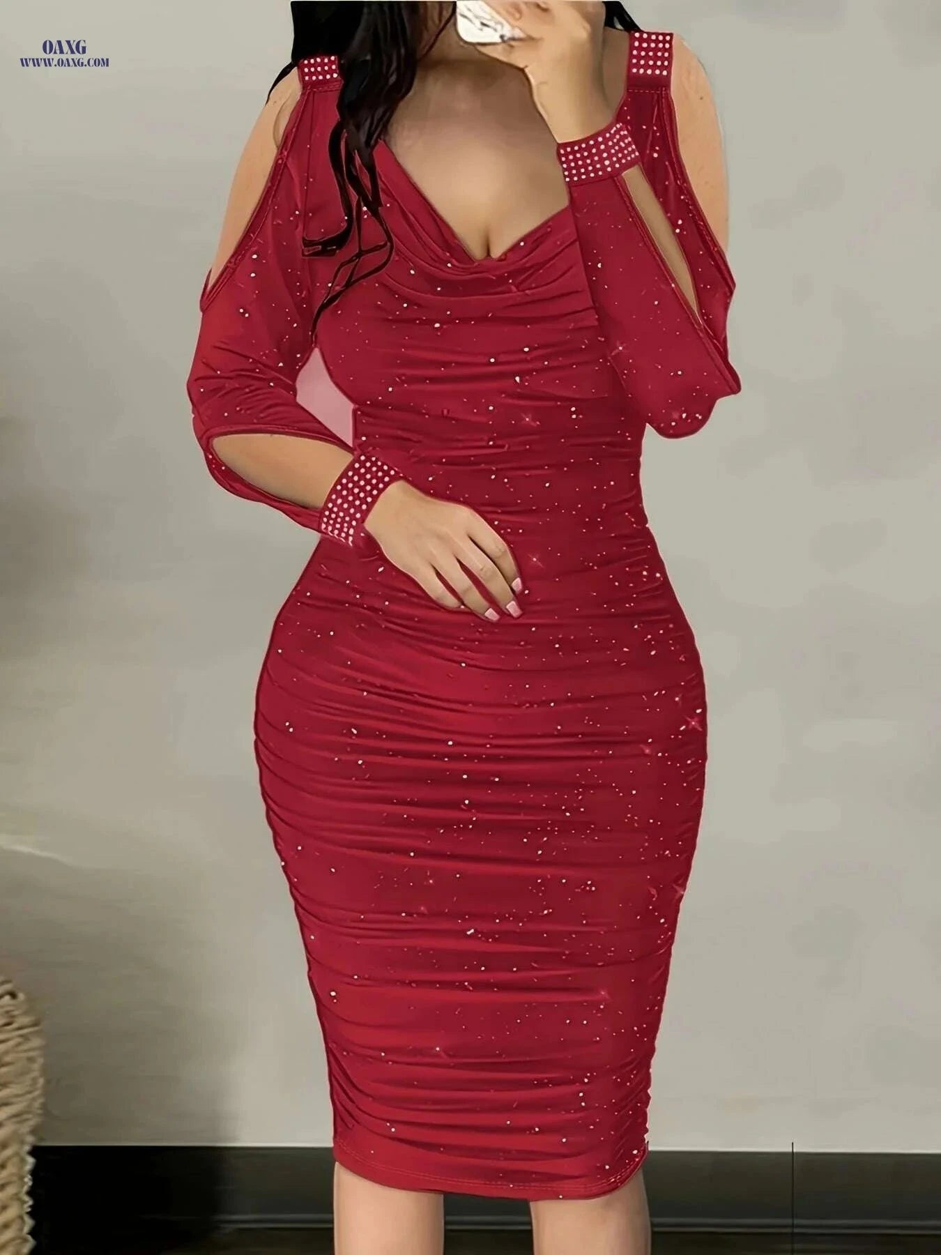 Chicme Deep Red Rhinestone Bodycon Dress - Puff Sleeves & Stretchy Fit   OAXG 