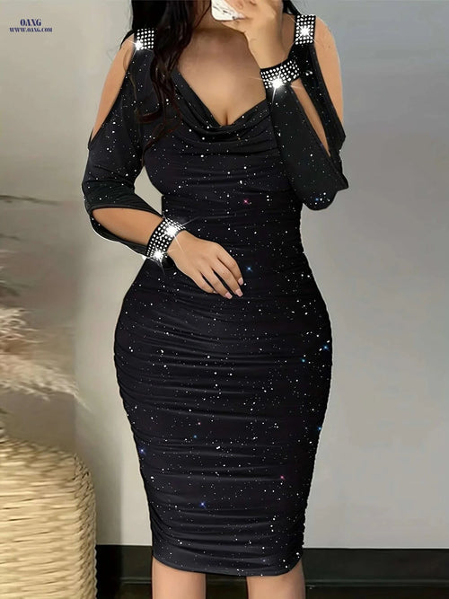 Chicme Deep Red Rhinestone Bodycon Dress - Puff Sleeves & Stretchy Fit   OAXG Black / S