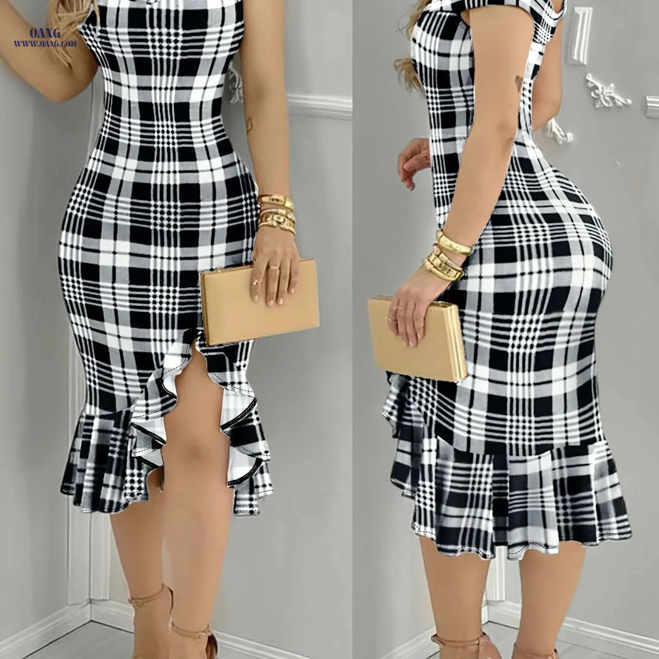 CHICME Elegant Off-Shoulder Dress - Plaid Print A-Line Design   OAXG Red / S