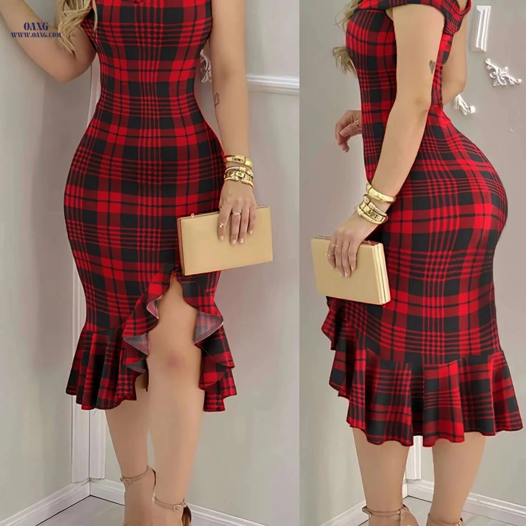 CHICME Elegant Off-Shoulder Dress - Plaid Print A-Line Design   OAXG 