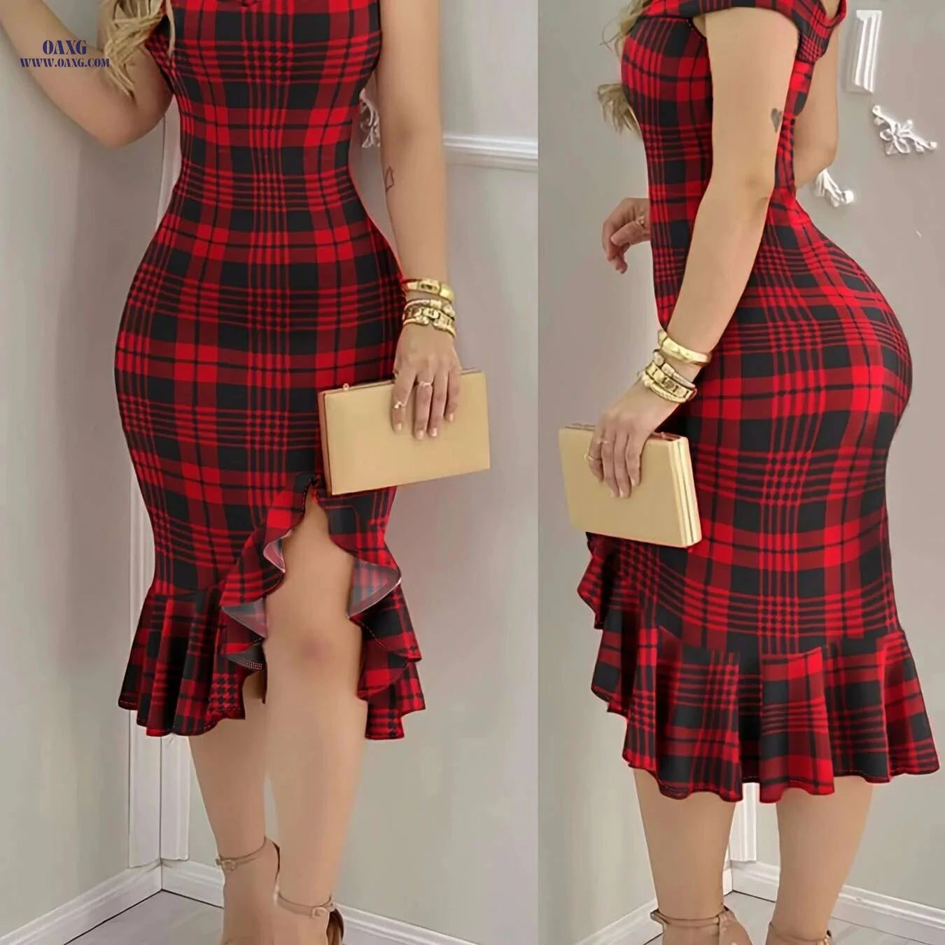 CHICME Elegant Off-Shoulder Dress - Plaid Print A-Line Design   OAXG 