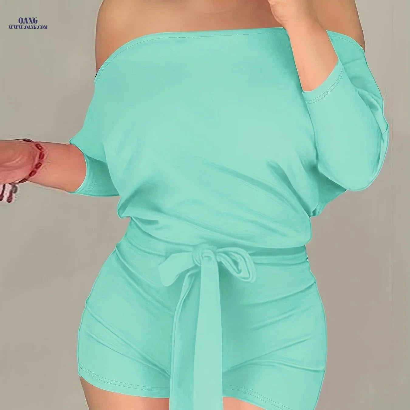 CHICME Solid Color Casual Jumpsuit Shorts - Off the Shoulder Style   OAXG 