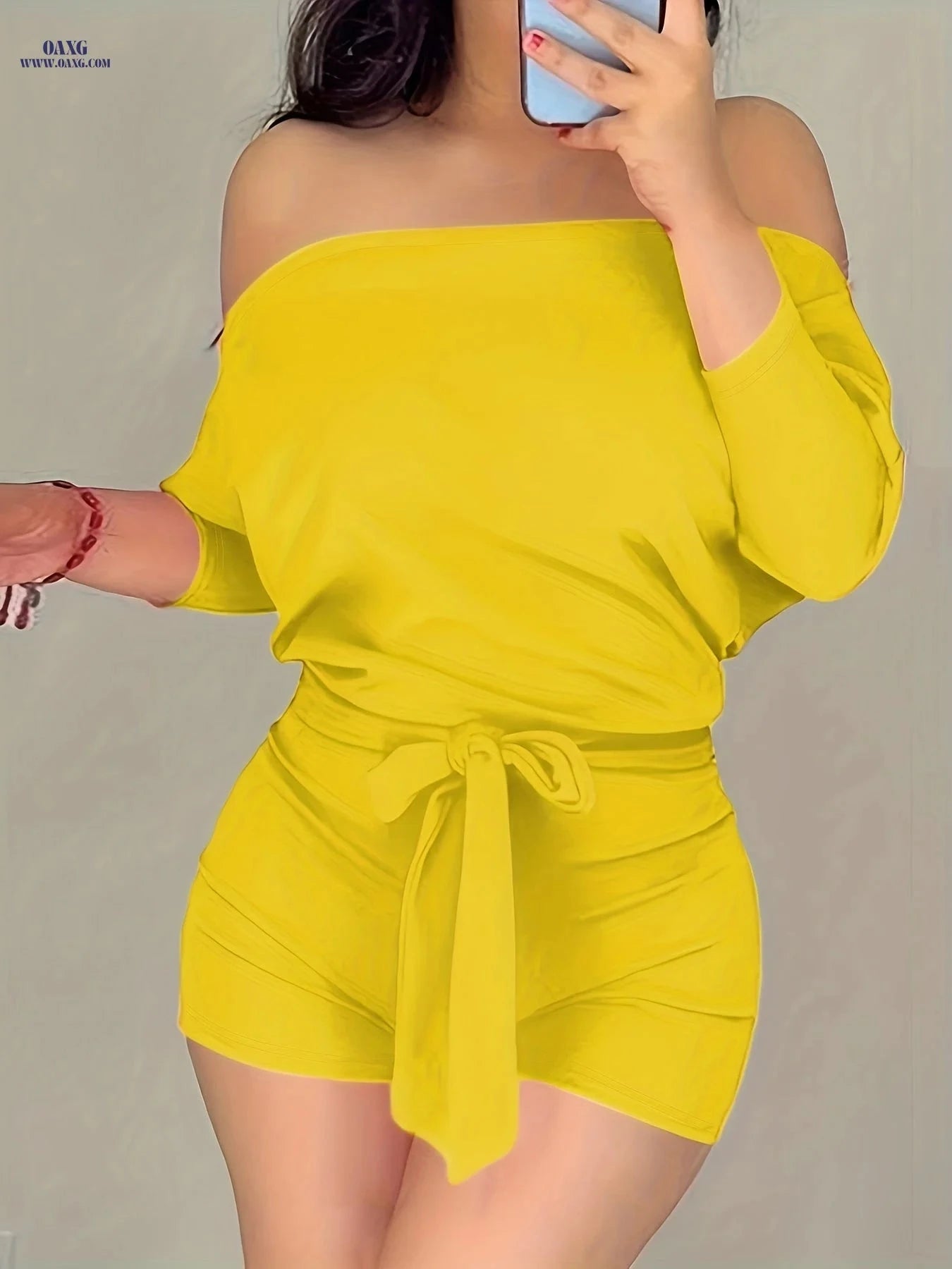 CHICME Solid Color Casual Jumpsuit Shorts - Off the Shoulder Style   OAXG 