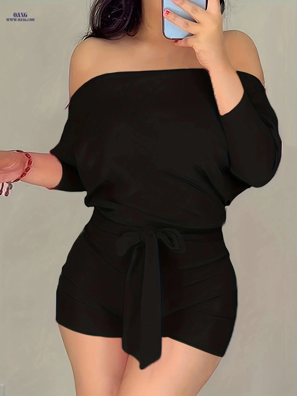 CHICME Solid Color Casual Jumpsuit Shorts - Off the Shoulder Style   OAXG Rose Red / S