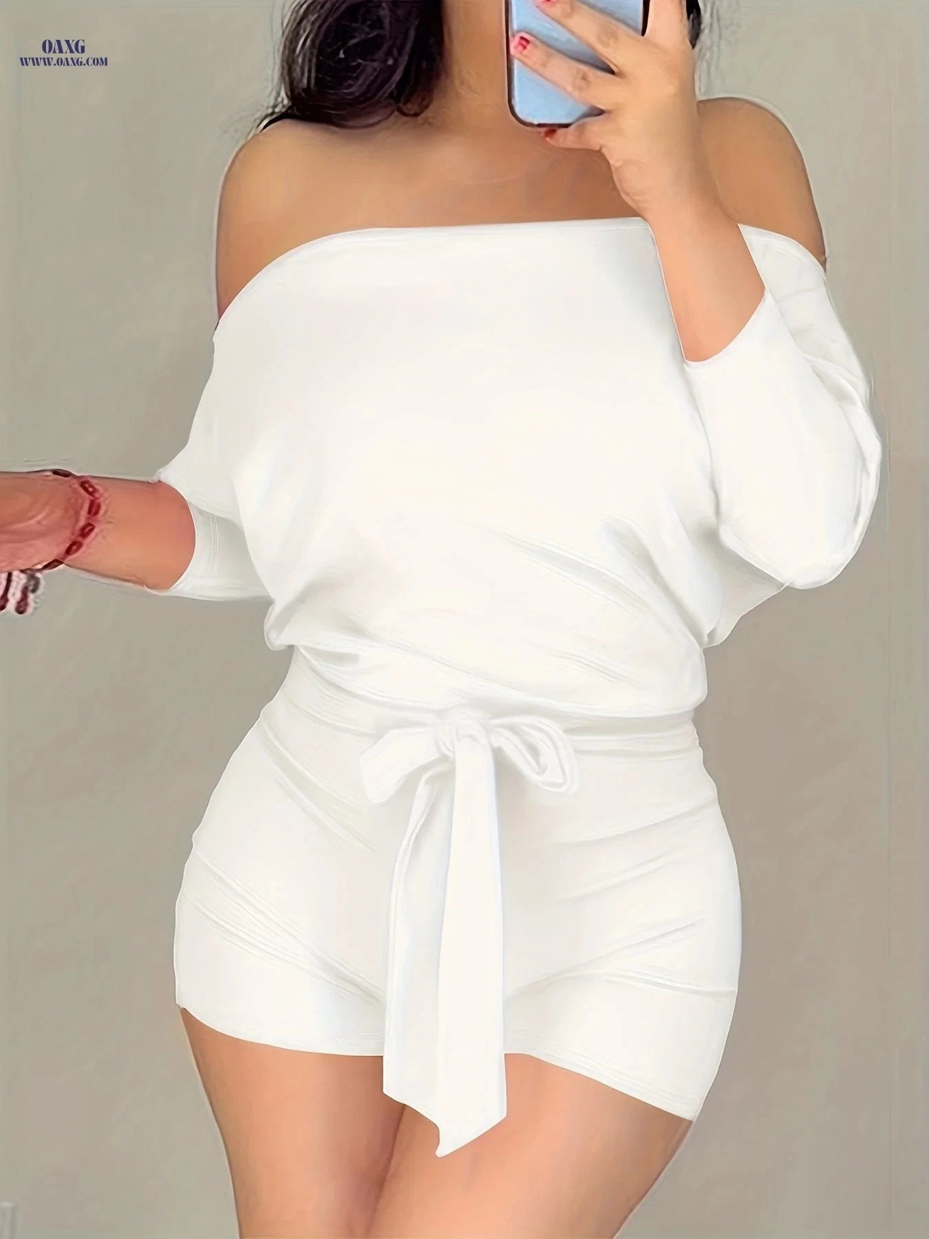 CHICME Solid Color Casual Jumpsuit Shorts - Off the Shoulder Style   OAXG Rose Red / S