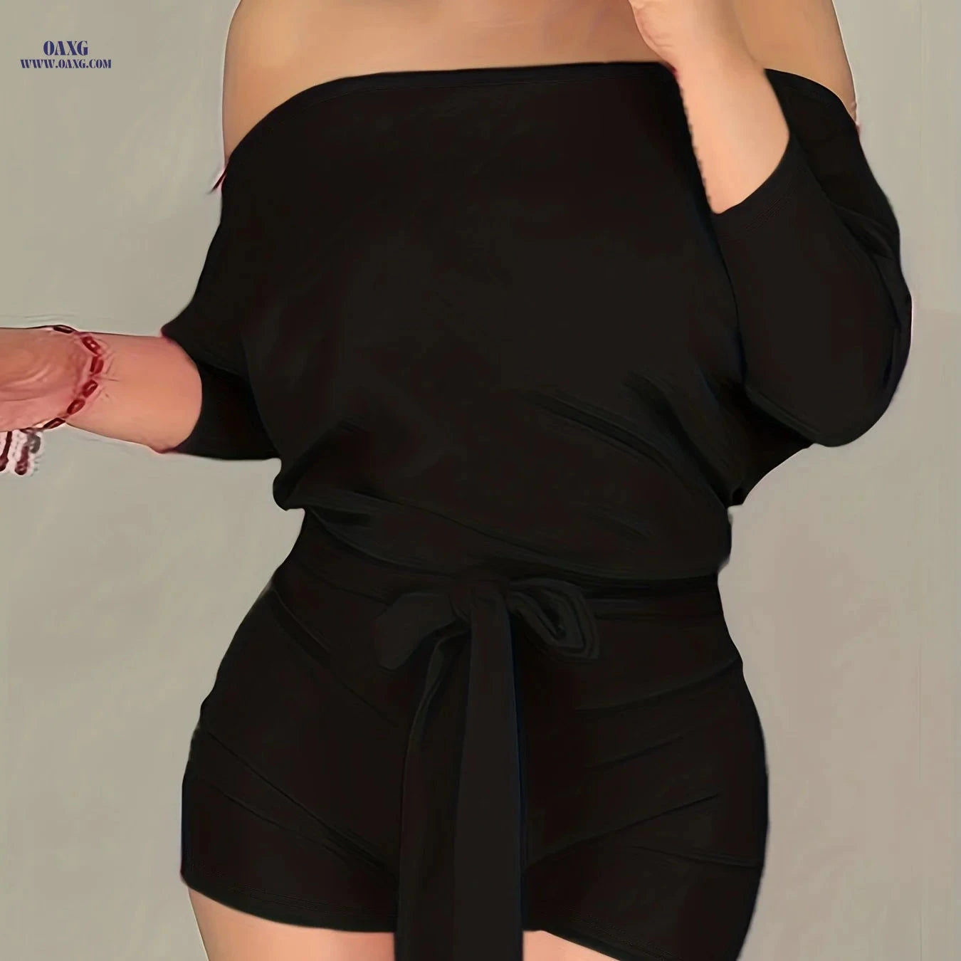CHICME Solid Color Casual Jumpsuit Shorts - Off the Shoulder Style   OAXG Rose Red / S