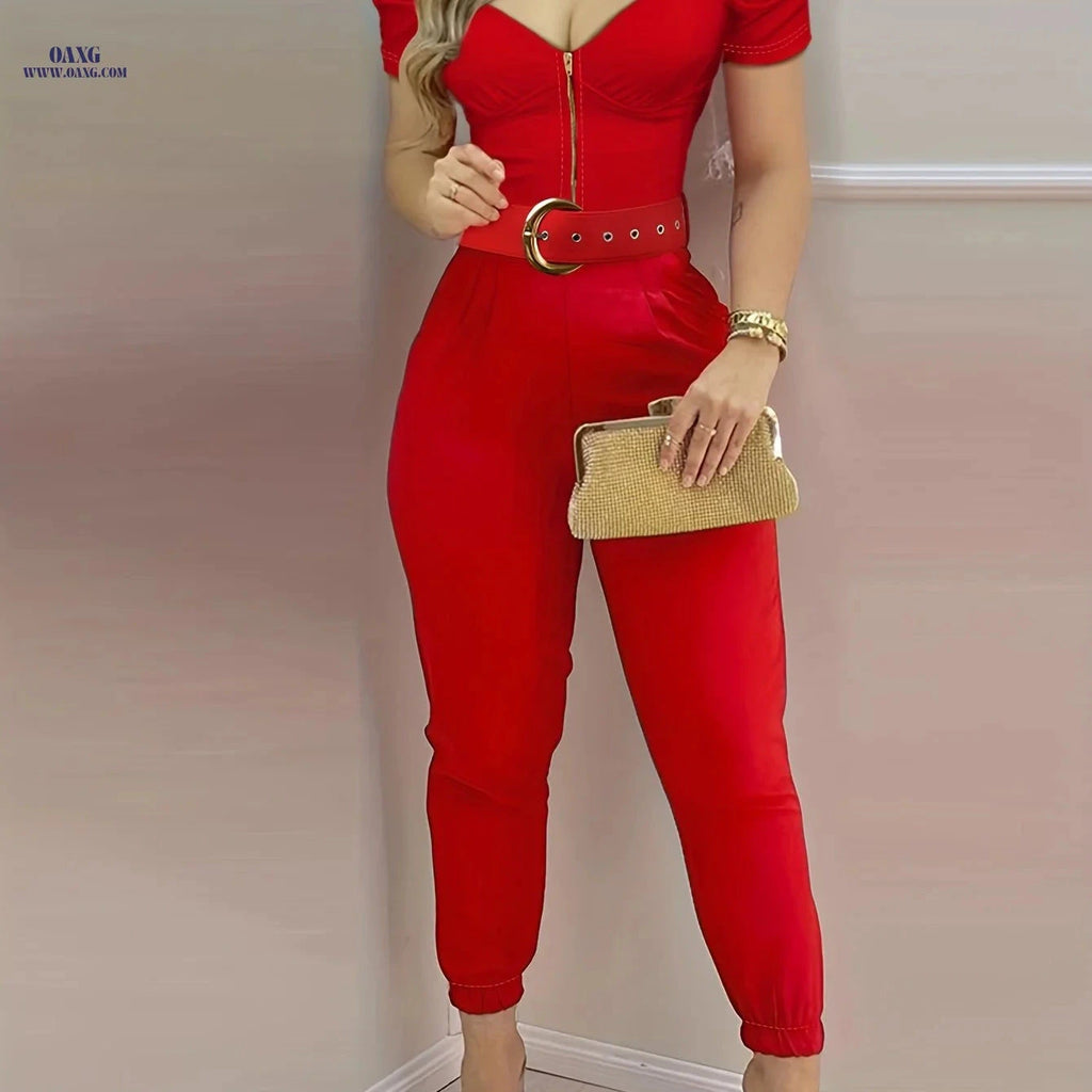 CHICME V-Neck Puff Sleeve Jumpsuit - All-Season Comfort   OAXG 