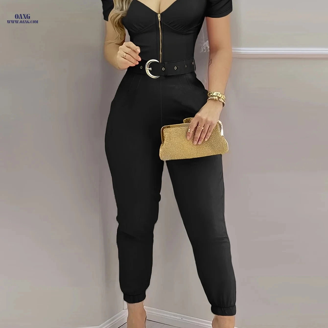 CHICME V-Neck Puff Sleeve Jumpsuit - All-Season Comfort   OAXG Red / S