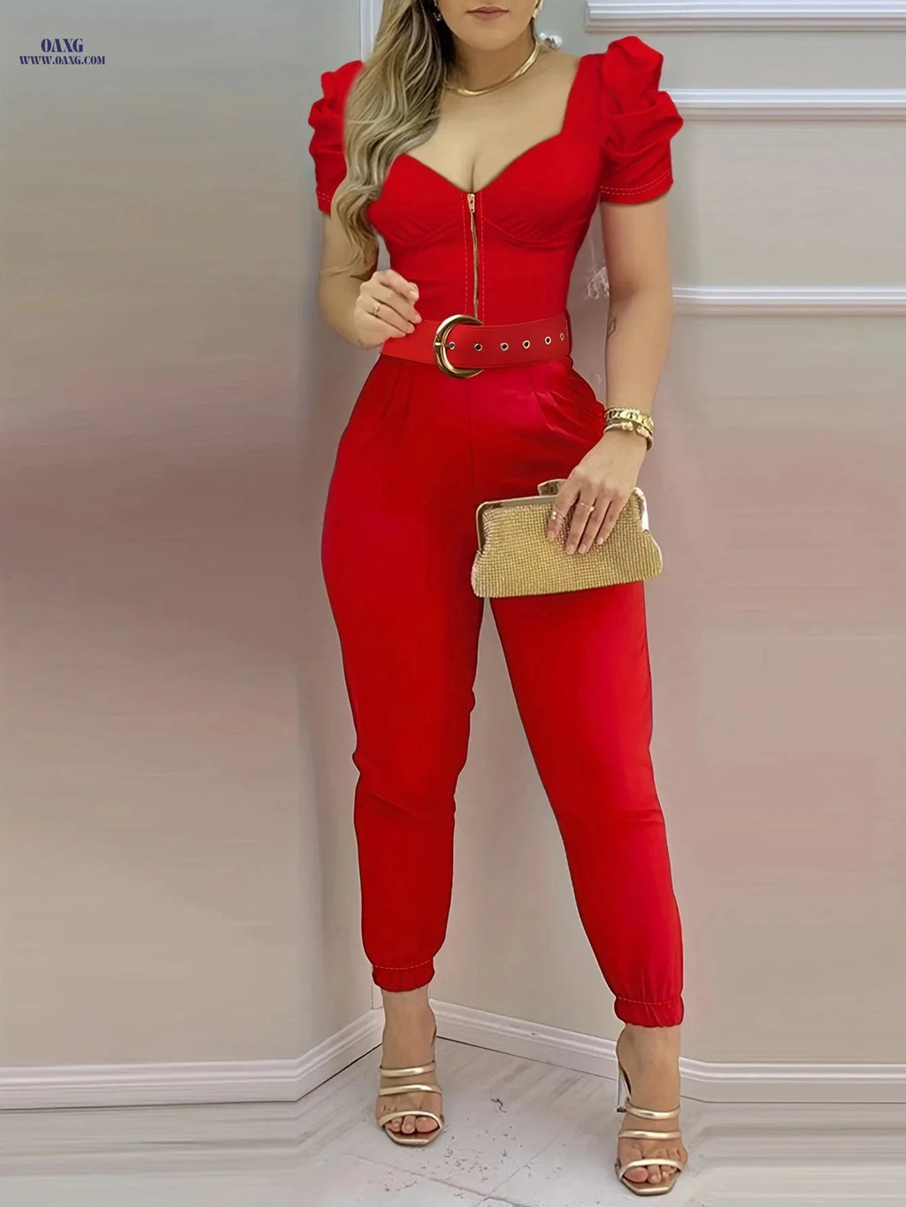 CHICME V-Neck Puff Sleeve Jumpsuit - All-Season Comfort   OAXG Red / S