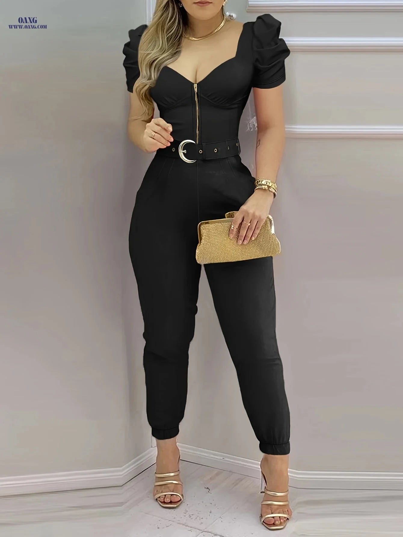 CHICME V-Neck Puff Sleeve Jumpsuit - All-Season Comfort   OAXG Red / S
