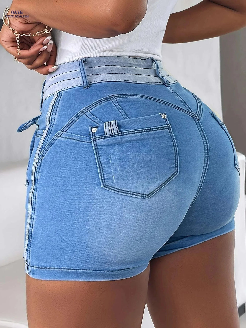CHICME Women's Contrast Color Denim Skorts - Adjustable Waist, Pockets   OAXG 