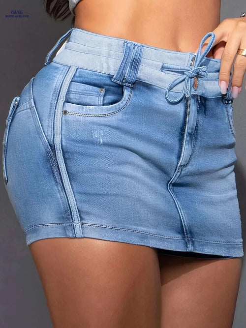 CHICME Women's Contrast Color Denim Skorts - Adjustable Waist, Pockets   OAXG 