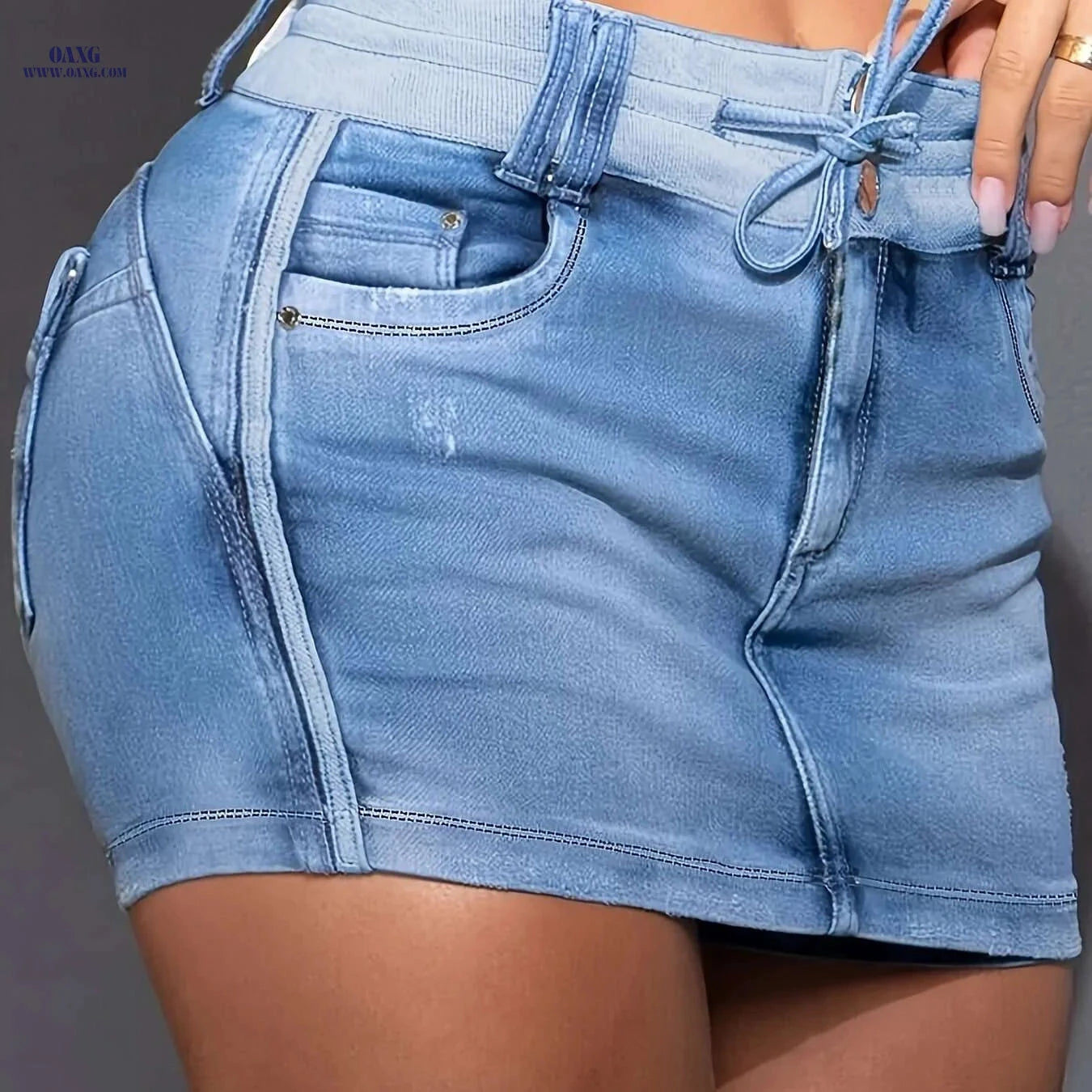 CHICME Women's Contrast Color Denim Skorts - Adjustable Waist, Pockets   OAXG 