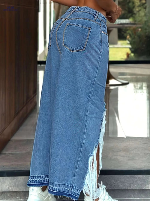 CHICSALE Women's Asymmetrical Fringe Denim Skirt - Distressed Blue Jeans   OAXG 