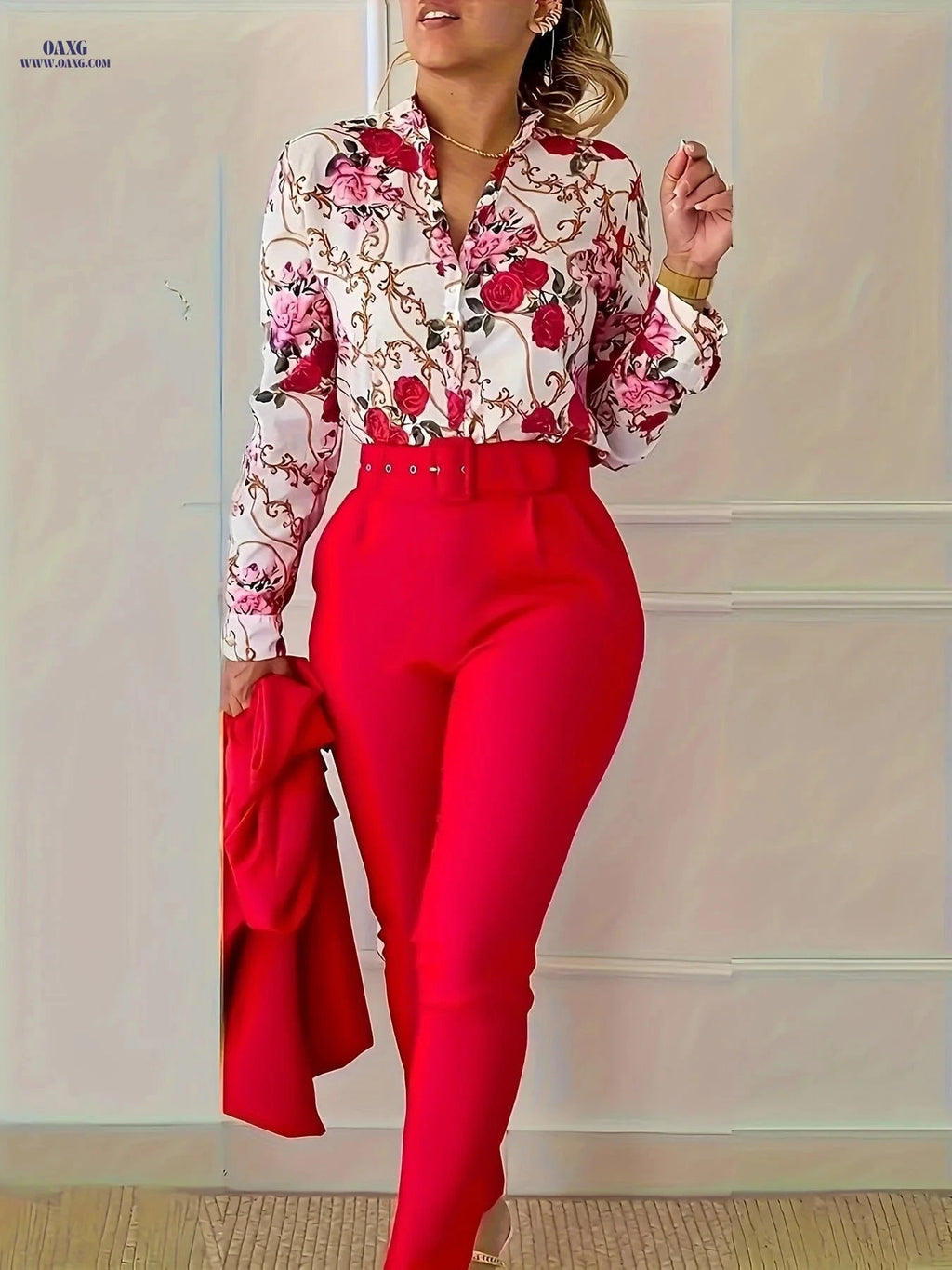 Chongzhong Elegant Floral V-Neck Blouse & Pants Set - All Seasons   OAXG 